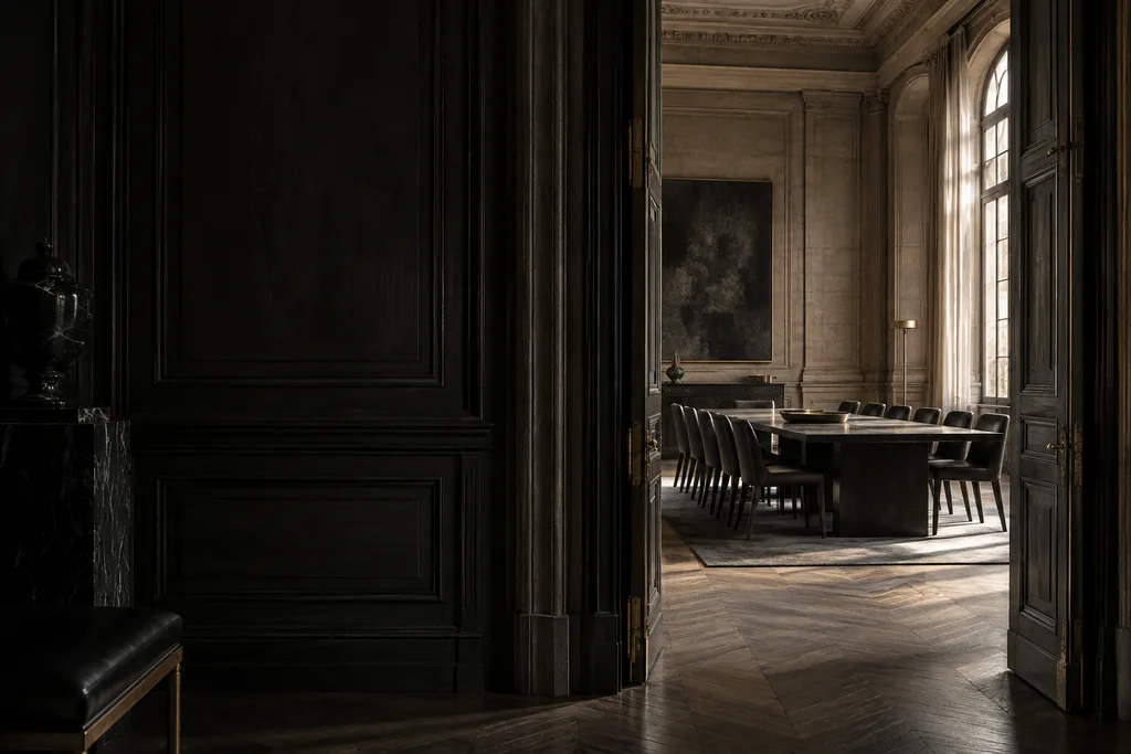 Architectural study of an open doorway and a quiet meeting room
