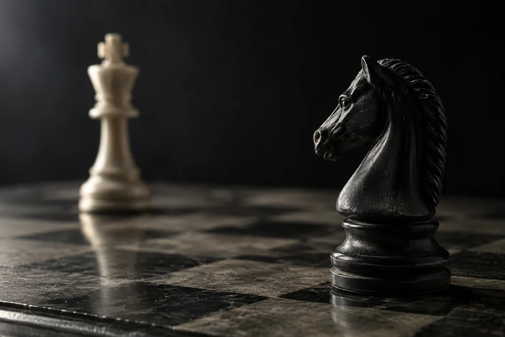 A dark chess knight opposite a pale king