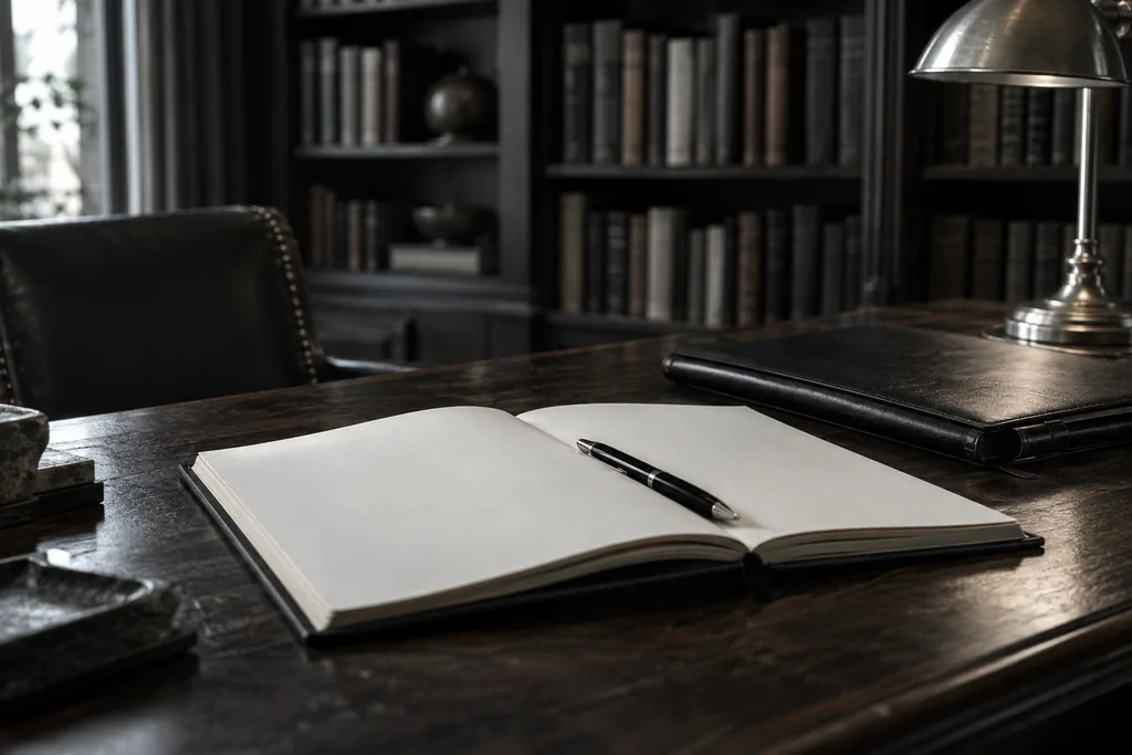 An open notebook and document folder on a traditional desk